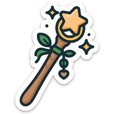 A cute and magical wand with an elegant, whimsical design, incorporating a color palette of golden orange (FA9B41), forest green (4A7C5C), soft taupe brown (96775A), and pastel peach (FFCC9A). The wand is slender and slightly curved, made of smooth wood with delicate carvings. At the top, there's a glowing gem or star in peachy tones, surrounded by tiny sparkles. Decorative elements like a ribbon, tiny leaves, or a small charm add a cozy, storybook-like charm. The overall look is gentle, enchanting, and magical, perfect for a forest fairy or a kindhearted young wizard sticker