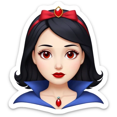 Cinematic Majestic Snow White Portrait Emoji, rendered in a clean, vector-style with bold, simplified shapes. Show Snow White with a serene, noble expression, radiant porcelain skin, and elegantly styled raven hair accented with subtle red highlights, her attire simple yet refined. The design radiates a majestic, pure glow with high shine and a soft glowing outline, embodying classic royal beauty. sticker