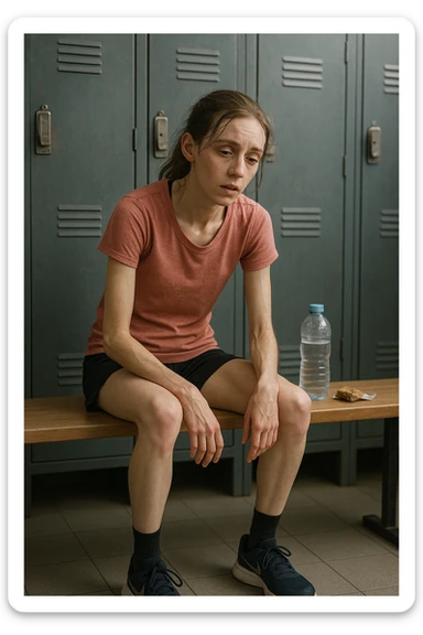 3D rendered scene: a woman in her 20s wearing running clothes sits on a bench in a locker room, looking exhausted and weak. Her face shows signs of fatigue, and her limbs appear thin and lacking muscle tone. A water bottle and a small, half-eaten snack are beside her, hinting at insufficient nutrition. The environment is realistic, with a focus on her physical and emotional state. sticker