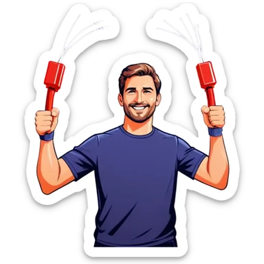 Man holding both arms in the air and holding an electrical cable sticker