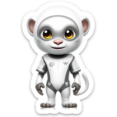 a 3d rendering of a full body shot of a cute white capucin monkey wearing a t shirt with a letter 'W' on it and a futuristic platinum helmet also with a letter 'W' on it, smiling and being cute to the camera, his style is futuristic y2k, he's standing up sticker