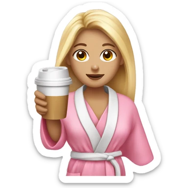 a blonde girl in a pink bathrobe with cold coffee in her hand is making up sticker