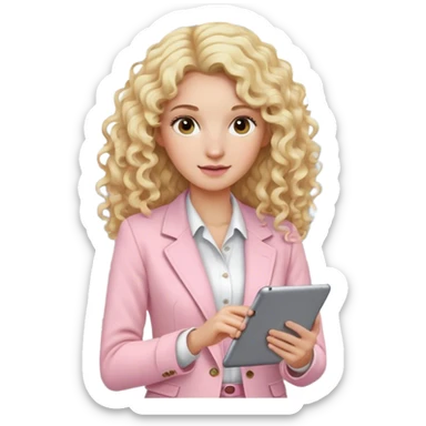 Blonde curly Long hair lady with light pink clothes in and office holding an ipad sticker