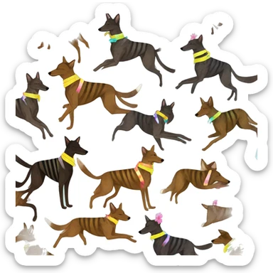  brindle brown black maroon striped lurcher Alsatian fox running blue eyes and iridescent holographic oilslick harness wearing paper iridescent tropical flower crown yellow caution tape sticker