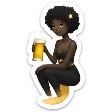 Ethereal Girl wearing black and gold sat on a nebula galaxy drinking beer surrounded by golden stars and planets sticker