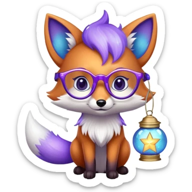 Heart eyes 😍 — a small magical fox with shimmering purple and blue fur, a glowing fluffy tail, a silver star on its forehead, round glasses, and a tiny lantern. sticker
