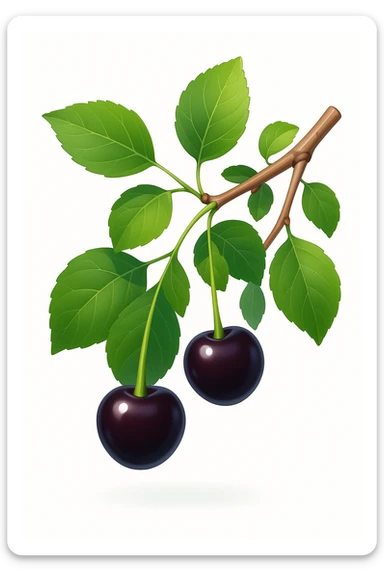 Redraw the cherry branch with black berries and green leaves in a modern 3D iOS style, adding volume, expressive light and shadow, and a clean background. sticker