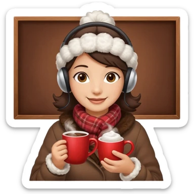 A cozy vendor with fluffy earmuffs, handing out steaming cocoa with a warm smile. sticker