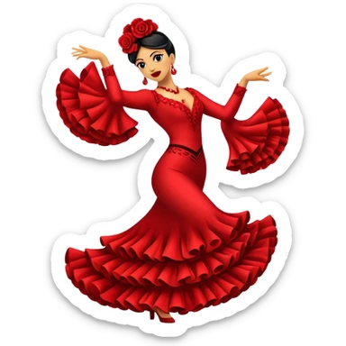 Cinematic Realistic Flamenco Dance Emoji, depicted as a passionate expressive flamenco performance with dramatic costumes and dynamic fiery movements, rendered with vibrant textures and bold energetic lighting that captures its intense rhythm. sticker