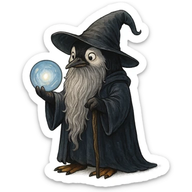 a penguin wizard with a long beard, holding a glowing orb sticker