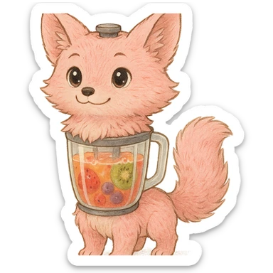 premium Ghibli-style pastel pink fox as a blender, soft fluffy fur, transparent body showing colorful realistic smoothie inside, big sparkling eyes, gentle happy face, full-body, highly detailed sticker