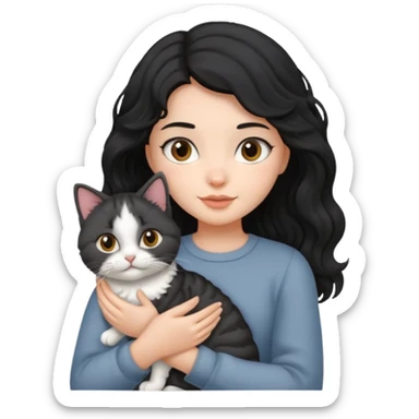 wavy black haired girl with a short haitcut holding a british cat sticker