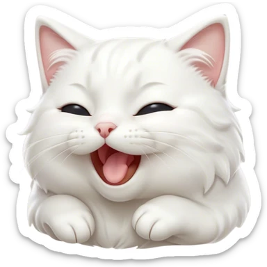 Cinematic Cute Yawning White Cat Portrait Emoji, Head gently tilted with an endearing, wide-open yawn and softly closed eyes, showcasing a pristine white fur with delicate hints of silver, simplified yet irresistibly adorable, highly detailed, glowing with a tender, cozy radiance, high shine, exuding sleepy charm and gentle affection, styled with a soft glowing outline, capturing the essence of a white cat caught mid-yawn, radiating pure, adorable lethargy! sticker