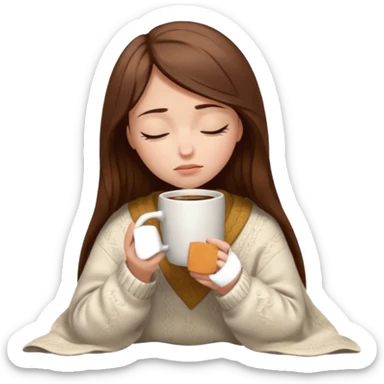 girl inside a offwhite blanket holding a coffee mug eyes closed, looking sad sticker