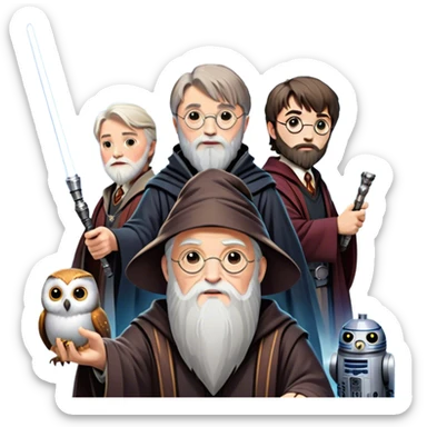 Icon for Fantasy and Sci-Fi Movies: Collage featuring Harry Potter with his wand, Dumbledore, Luke Skywalker with a lightsaber, and futuristic robots. Background with a magical planet, Hogwarts, flying owls, and spaceships. Epic and magical atmosphere. Transparent background. sticker