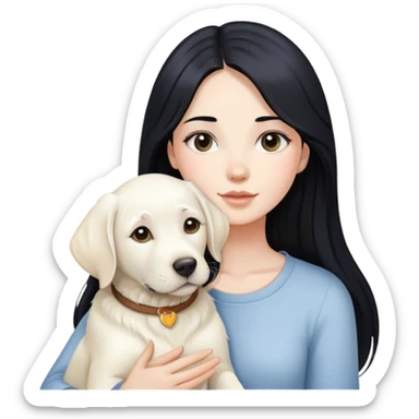 A beautiful girl with long black hair and fair skin is holding a white Labrador sticker