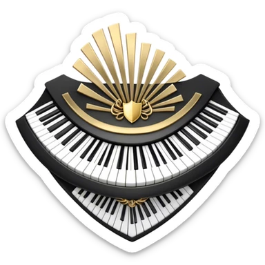 Create an elegant and festive emoji collage representing keyboard instruments, styled like a heraldic emblem. The design should feature a central focal point of black and white piano keys, arranged in a semi-circular or shield-like shape. Around the piano keys, add intertwining musical notes that form flowing ribbons, creating a dynamic and celebratory atmosphere. The design should be professional, with polished silver and gold accents on the keys and notes, highlighting the luxury and sophistication of the instruments. Add subtle shading and lighting effects to give the design a refined, 3D appearance. The background should remain transparent, and the overall feel should evoke grandeur, artistry, and a sense of celebration. sticker