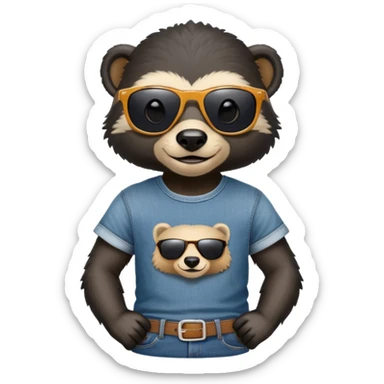 friendly anthropomorphised honey badger in jeans and a t-shirt, wearing sunglasses, head and shoulders portrait sticker