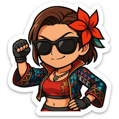 Azucena from Tekken 8 in chibi sticker style, wearing sunglasses and striking a cool pose, wearing the detailed red and patterned outfit from the reference images, designed for Twitch emote use. sticker