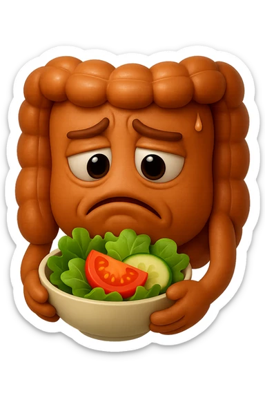 EMOJI STILE IPHONE DI UN INTESTINO UMANO ANATOMICO CHE GUARDA UN INSALATA CON ESPRESSIONE TRISTE E RASSEGNATA IN VOLTO: SOFFRE LA FAME PERCHé è A DIETA, FAGLI ANCHE LA PARTE BIANCA DEGLI OCCHI, NON SOLO LE PUPILLE, IPERREALISTICO 4K sticker