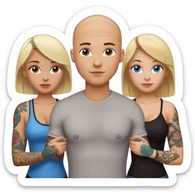 tattooed covered bald male with blonde haired blue eyed big boob female with brunette haired brown eyed big boob female throuple  sticker