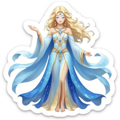 fullbody universe goddess Sophia, Ethereal Light Being, Made of starlight and fractals, Glowing white/gold skin with flowing translucent robes, Hair blue like galaxy mist, Jewelry made of stars and crystals sticker