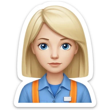40 yr old white woman, pale skin, long straight blond hair parted in center, blue eyes, bangs, clothes for work sticker