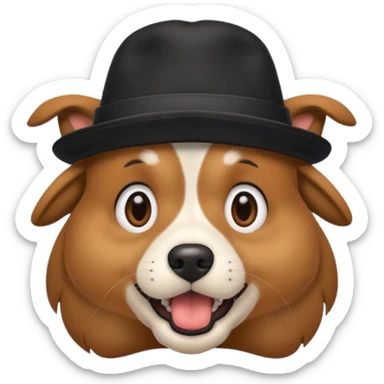 a surprised dog with an open mouth and a black hat on its head sticker
