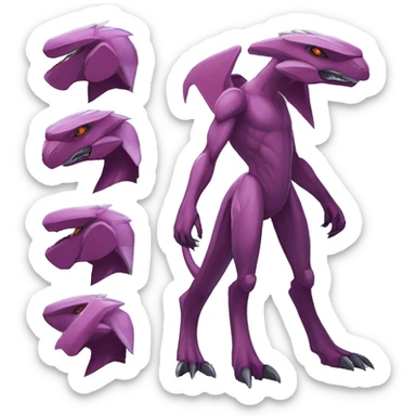 Mauve-maroon-red-violet-colored anthro-genesect-raptor-scalie-sona-Fakémon-hybrid with a mane on head and back full body sticker