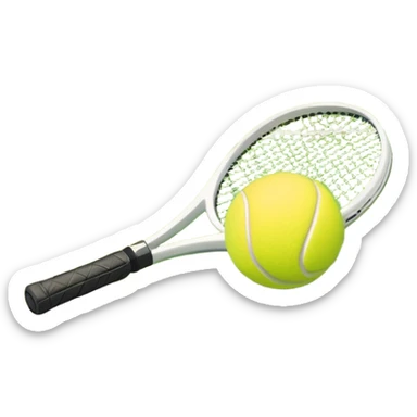 A tennis racket with a bright yellow tennis ball resting on it, set against the backdrop of a well-maintained tennis court. The scene emphasizes the smooth lines of the court and the focus on the ball and racket, symbolizing the elegance and precision of the sport sticker