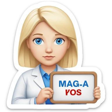 blonde blue eyes science teacher chubby holding a sign that says “maga” sticker