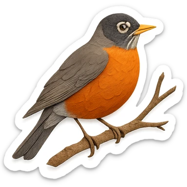 very detailed American Robin perched on a tree branch, intricate cut paper textures, orange-red breast, gray back, realistic markings sticker