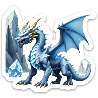 This extraordinary hybrid creature combines the elemental power of an ice dragon with the raw physical might of a stone golem. Its core body resembles a cluster of angular, faceted stones that have been infused with magical ice energy. The creature's head features a draconic shape with curved horns and piercing amber-gold eyes, but parts of its face retain the jagged stone texture. Blue-white energy flows between the gray rock segments, creating glowing lines throughout its body. The creature has developed partial wings made of crystalline ice formations extending from its rocky frame, and its tail alternates between stone segments and ice spikes. Sharp teeth line its mouth, some appearing as polished stone, others as ice crystals. Frost continuously emanates from its body, and when it moves, it creates a distinctive sound of grinding stone and crackling ice. full body sticker