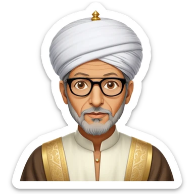 Jeff Goldblum no glasses as a regal portrait dressed as suleiman-the-magnificent,-depicted-as-a-regal-ottoman-sultan-adorned-with-a-large,-white,-round,-tall-turban-and-a-majestic-grey-beard,-his-commanding-gaze-bathed-in-warm,-historic-lighting-that-exudes-timel sticker