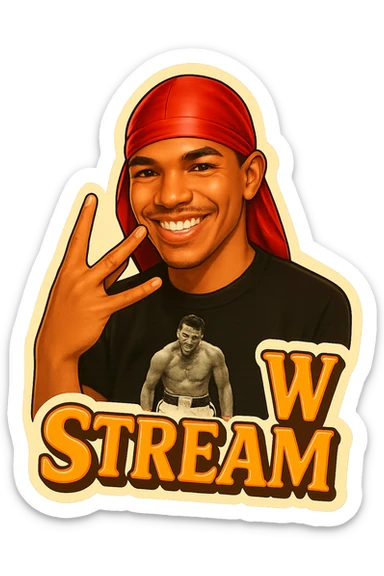 Make him Smiling 
Twist middle finger and ring finger crossed over to form a W
Change His durag To Red
Add the words W Stream sticker