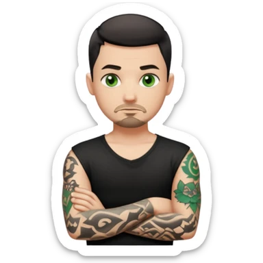 White young man with short black taper fade hair cut and slight goatee and neutral expression with his arms folded. Green eyes and black arm tattoos sticker