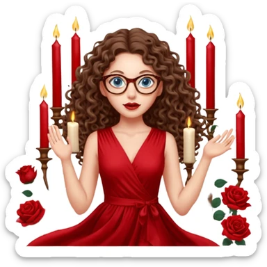 a blue eyed woman with very long brunette curly hair, full lips,and really pale skin. She is wearing a leopard printed thin round-ish glasses . She is wearing fully plain silky red dress. She is flying on the air. There are candles and sculptures and red roses all around her. She is making a magic. sticker