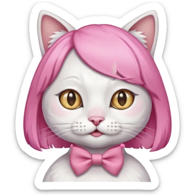 White cat wearing pink wig and bow sticker