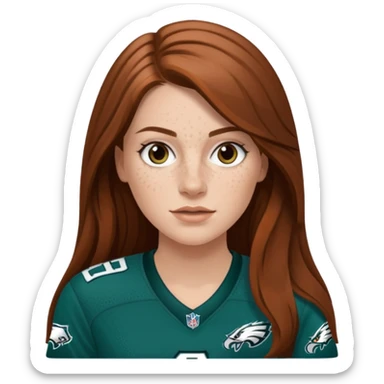 White girl with long medium brown hair and freckles wearring a Philadelphia eagles jersey sticker