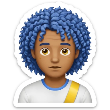Make me an emoji that has a guy with a white shirt and yellow tape around the shirt with brown and blue spots hair make the hair curly make the yellow tape go around it sticker