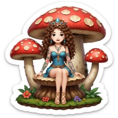 full body view of a woman with long curly brown hair, brown eyes, white skin, tattoos, sitting on a giant mushroom throne, legs crossed, mystical queen vibe sticker
