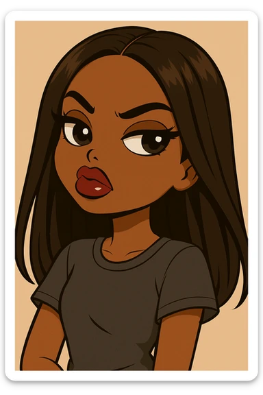 Change her outfit to a more casual style, headshot only, 20-year-old anime Bratz style woman with dark skin, straight hair, big expressive eyes, glossy lips, no hat, no tears, confident and aloof expression, snooty attitude, nose turned up. Maintain the anime Bratz style and the described facial features and expression. sticker