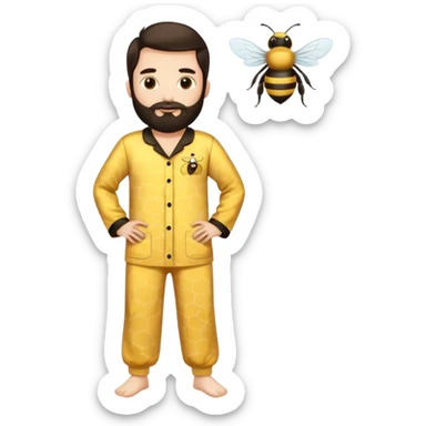 Grown up man with long dark brown long hair, white skin, medium beard, full body in cute bee pijama sticker