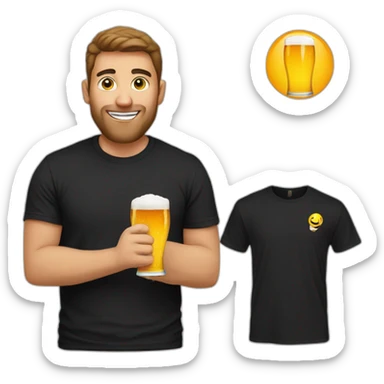 Man with a black T-shirt holding a glass of beer. On the T-shirt is a BBS logo sticker