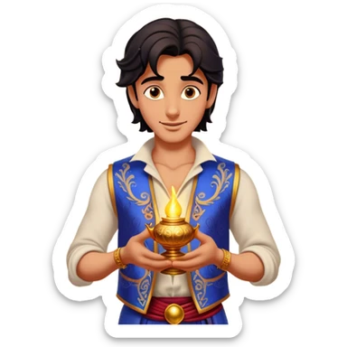 Cinematic Realistic Aladdin Portrait, depicted with lifelike, warm skin textures and a confident yet approachable gaze. His dark, wind-tousled hair frames expressive eyes full of adventure and kindness. Dressed in his iconic vest and loose trousers with intricate detailing, he holds a subtle glimmer of a magic lamp, all rendered under soft natural lighting with a radiant glow that captures his resourceful spirit. sticker