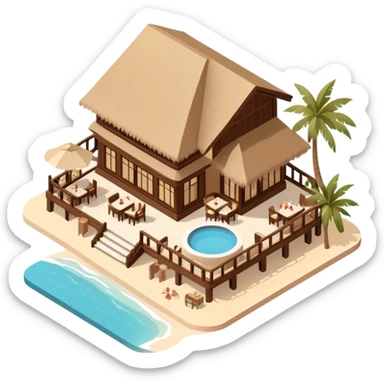 Isometric exterior brown and beige luxury polynesian beach resort restaurant, dollhouse style 3D realistic  sticker