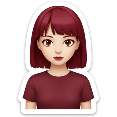 beautiful girl with dark maroon and red medium hair, straight bangs and red bando, red eyes, brown long tshirt, white skin sticker