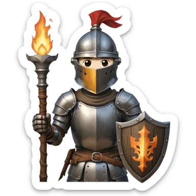 knight holding a short wooden torch in hand wearing darker, realistic iron armor, and a closed helmet in dark souls style sticker