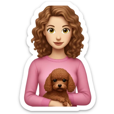 Pretty green eyed white girl with brown hair in a pink sweater holding a brown toy poodle sticker