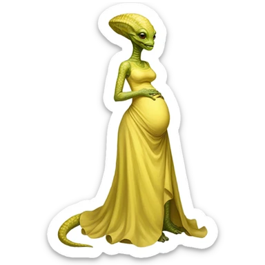 Pregnant reptilian alien woman, full body, in victorian jellow elegant dress, sticker